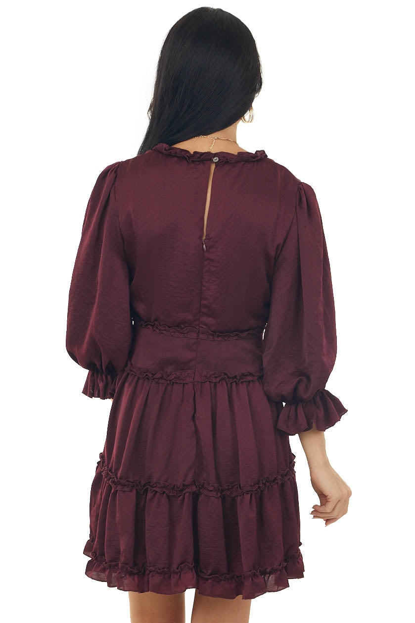 Wine Tiered Satin Short Dress