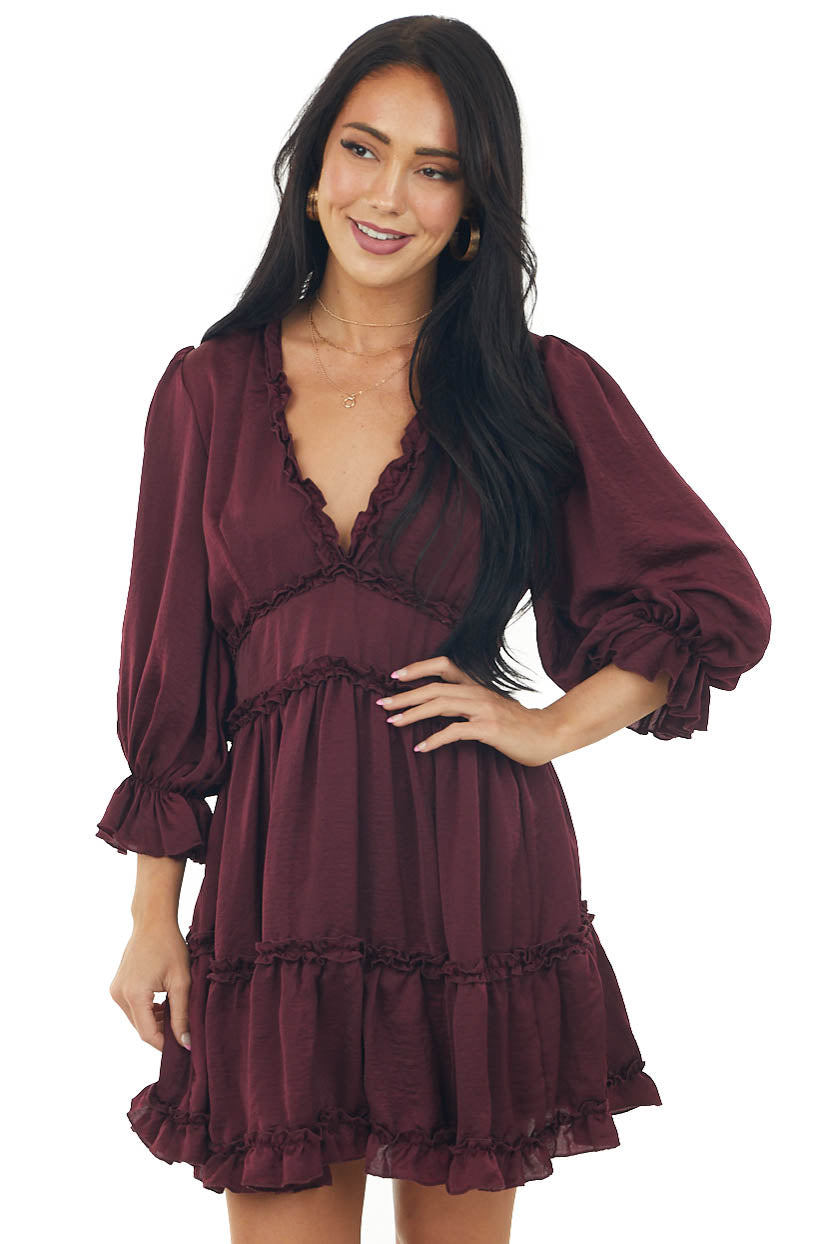 Wine Tiered Satin Short Dress