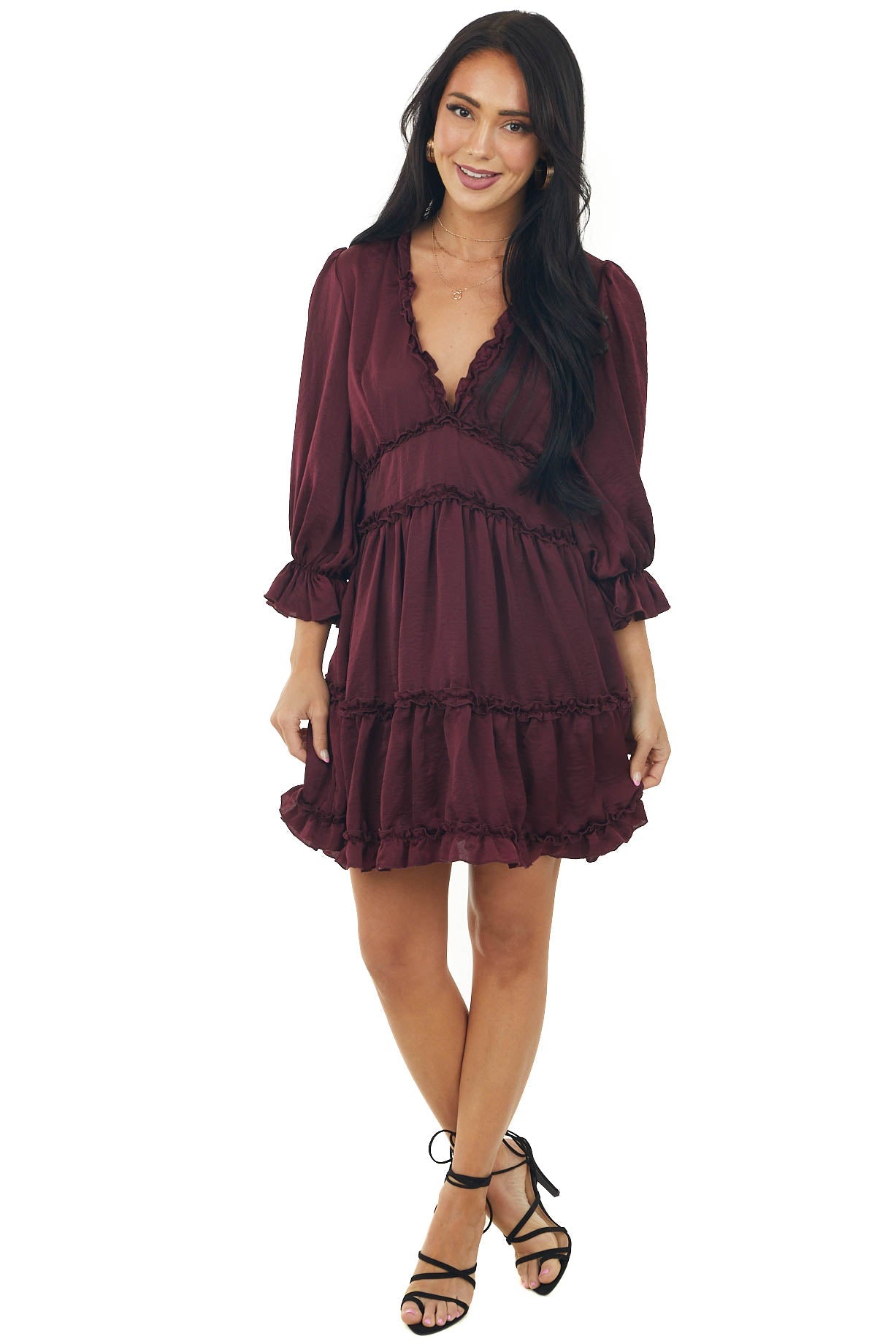 Wine Tiered Satin Short Dress