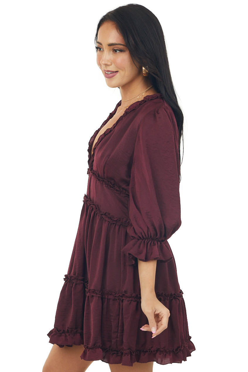 Wine Tiered Satin Short Dress