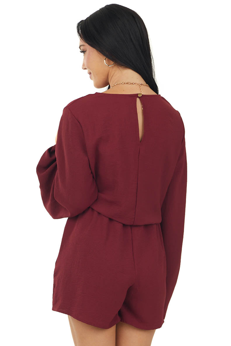 Wine Woven Romper with Long Puff Sleeve and Side Pockets