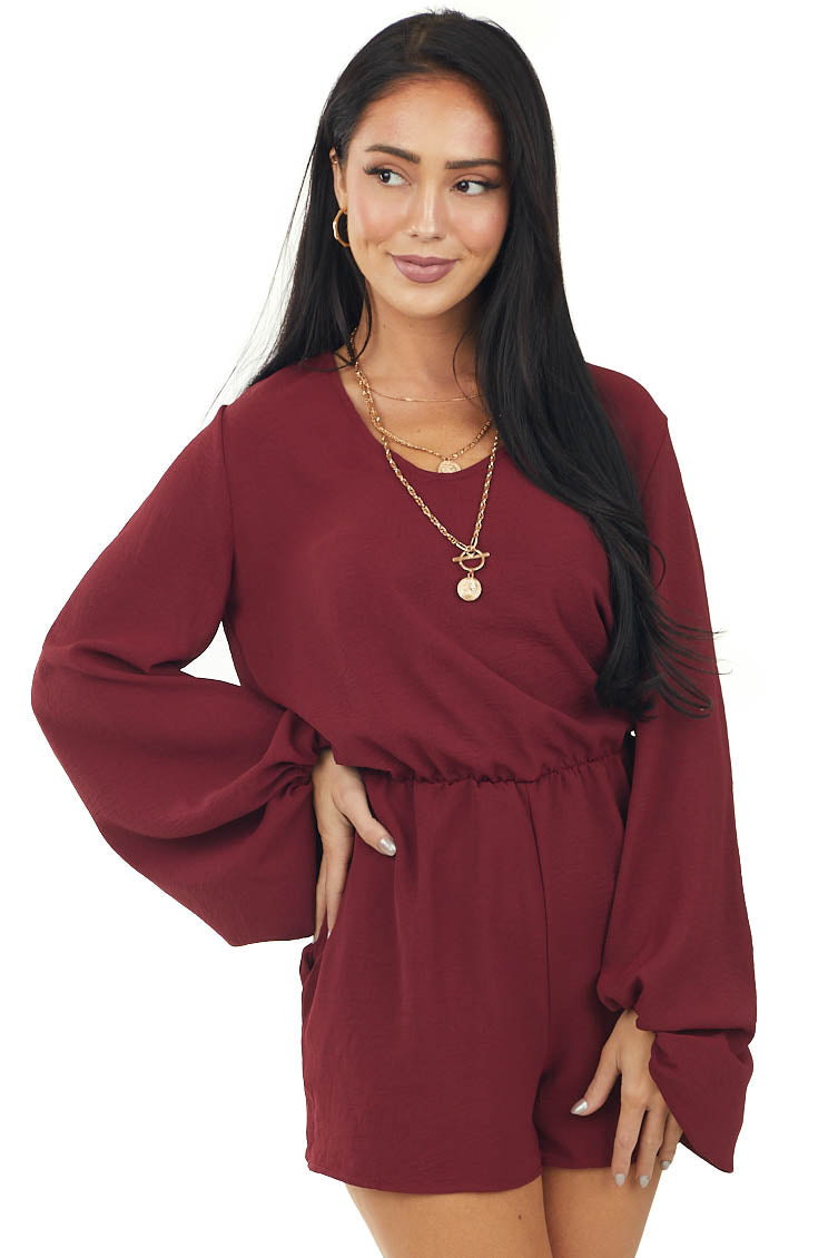 Wine Woven Romper with Long Puff Sleeve and Side Pockets