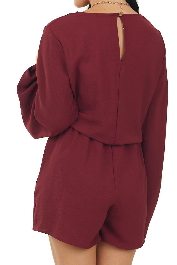Wine Woven Romper with Long Puff Sleeve and Side Pockets