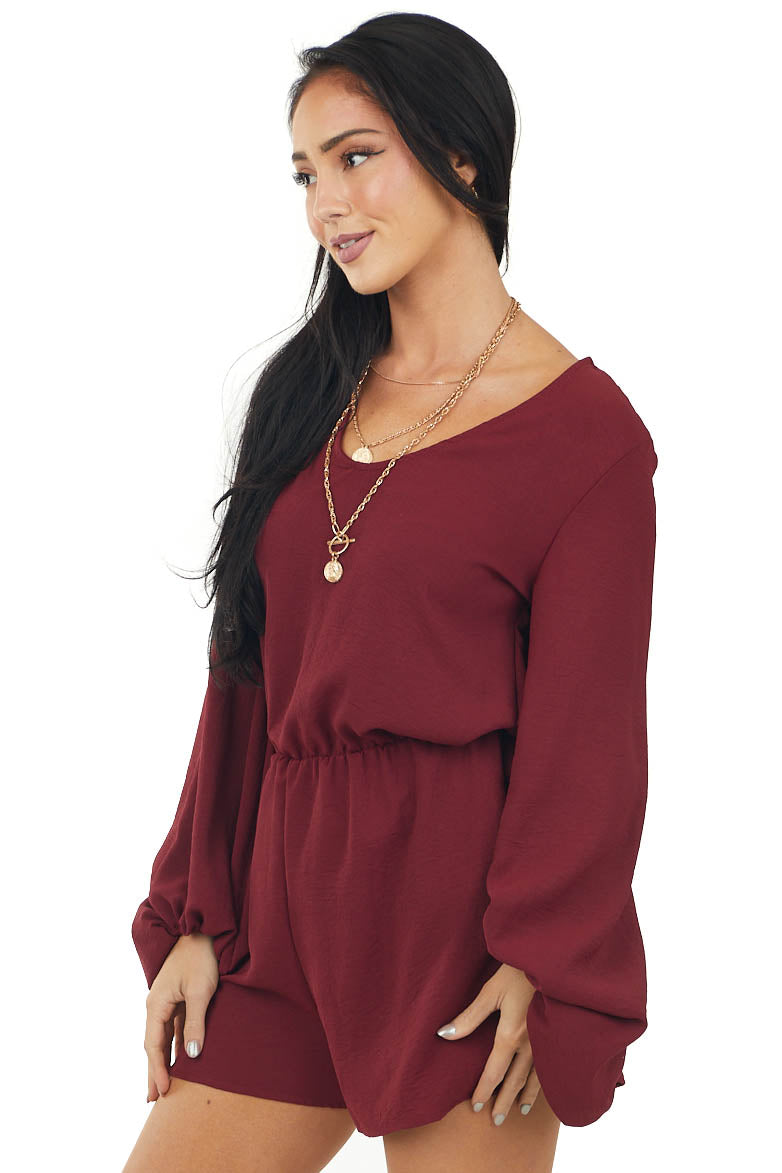 Wine Woven Romper with Long Puff Sleeve and Side Pockets
