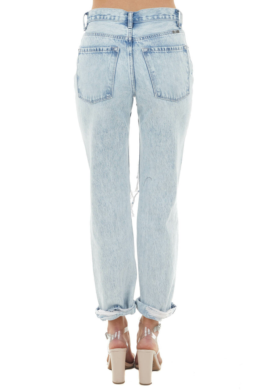Acid Wash High Rise Boyfriend Jeans with Heavy Distressing