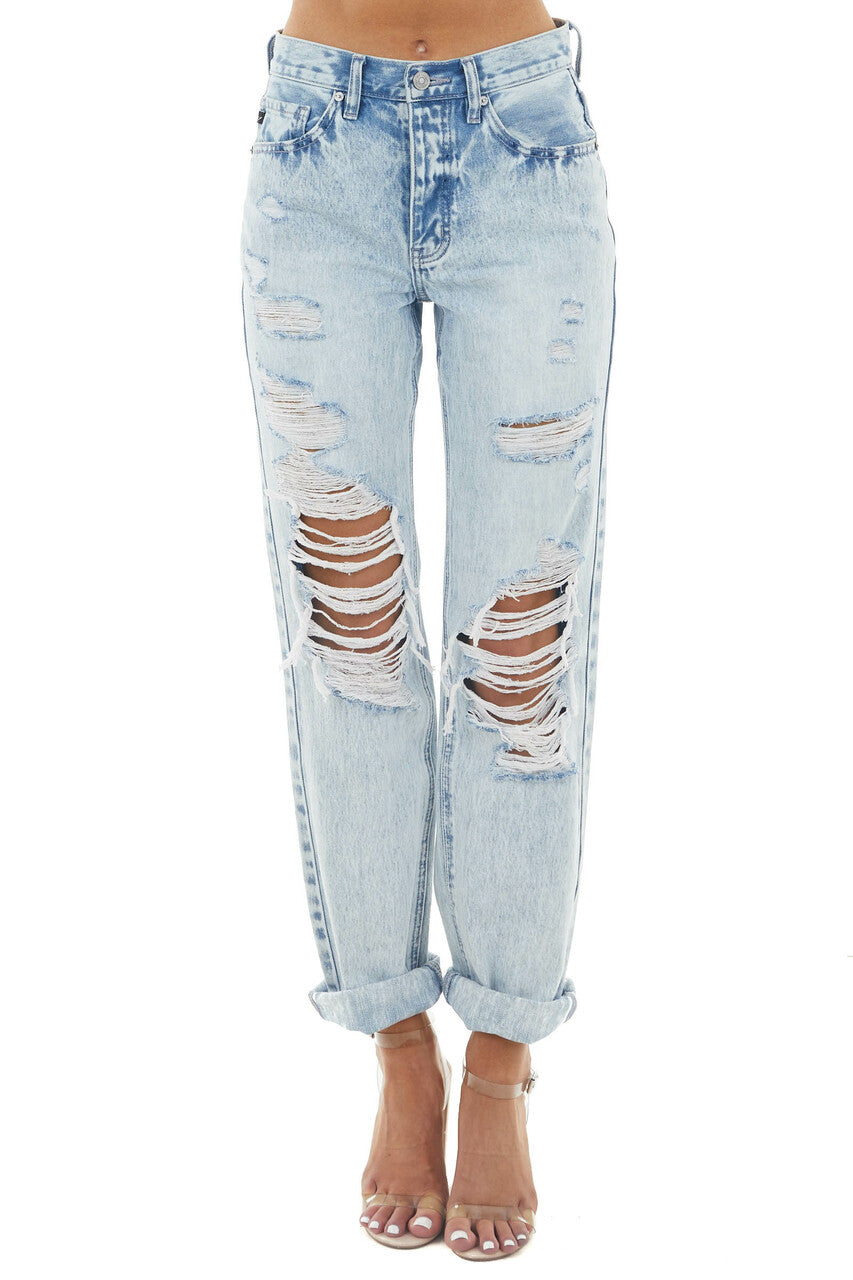 Acid Wash High Rise Boyfriend Jeans with Heavy Distressing
