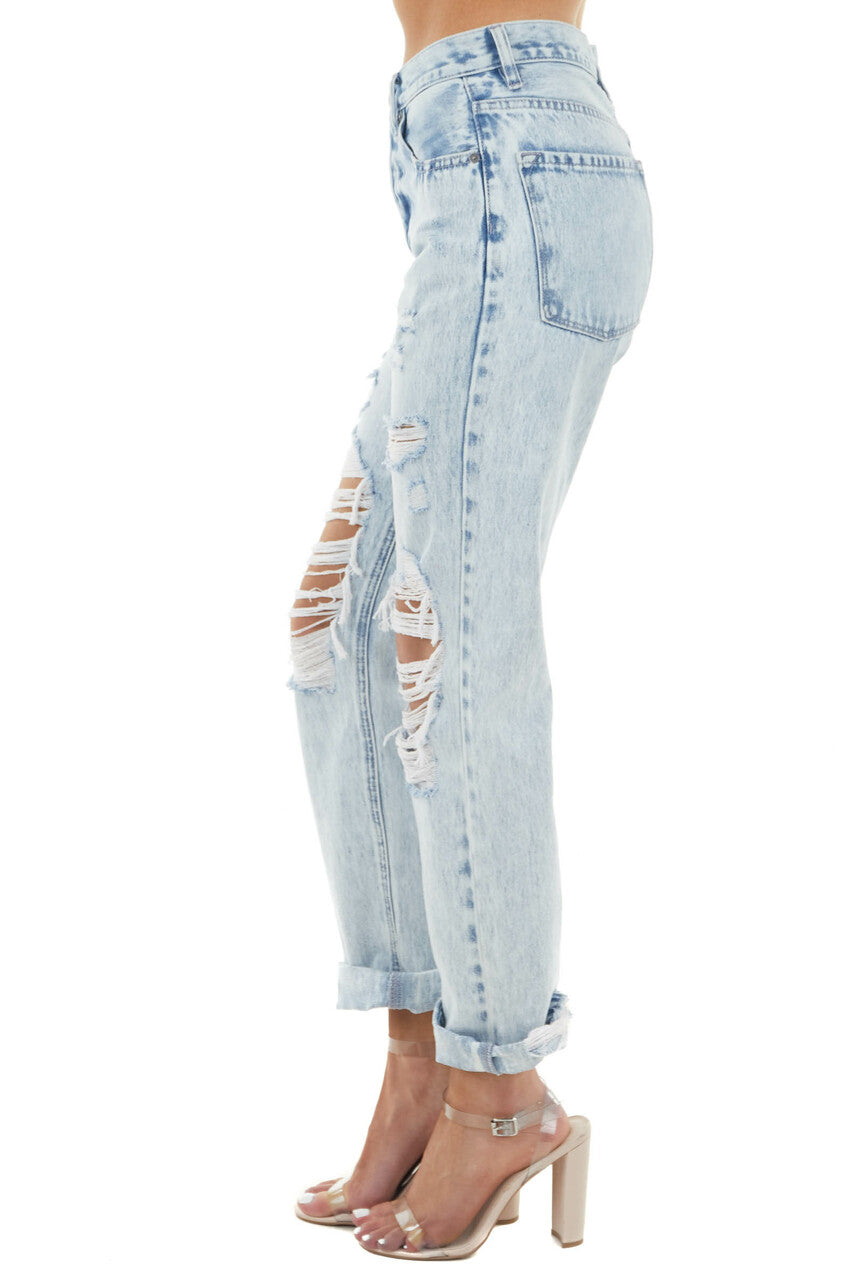 Acid Wash High Rise Boyfriend Jeans with Heavy Distressing