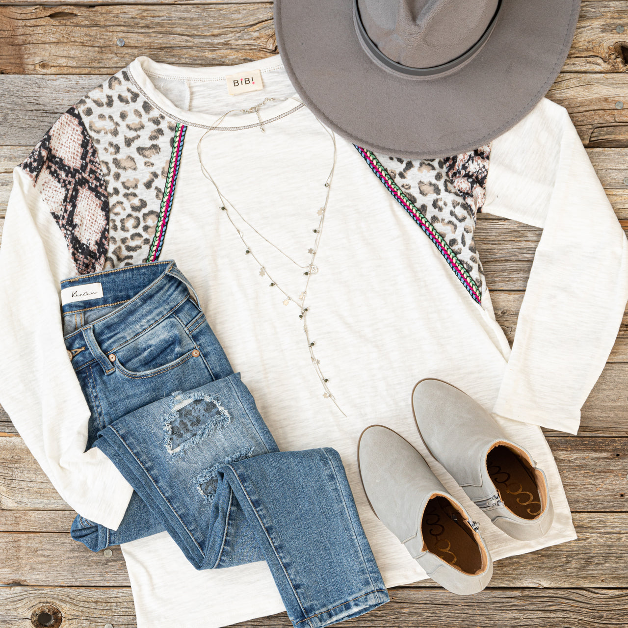 Pale Peach Long Sleeve Top with Leopard and Snakeskin Print 