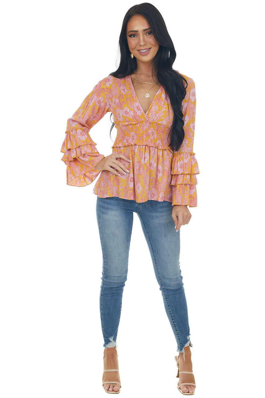 Amber Floral Flare Ruffle Sleeve Peplum Blouse