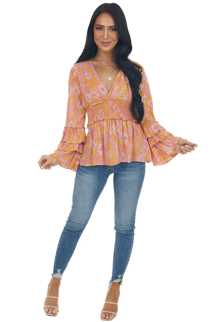 Amber Floral Flare Ruffle Sleeve Peplum Blouse