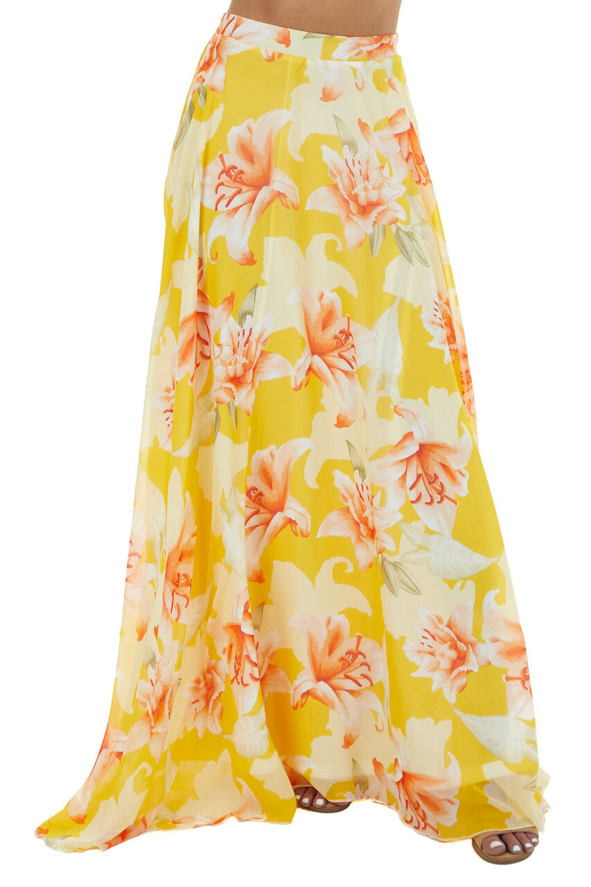 Amber Floral Print Flowy Woven Maxi Skirt with Side Zipper 