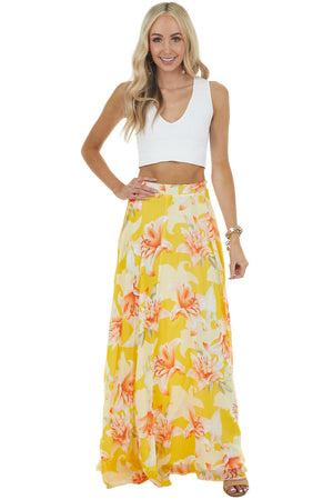 Amber Floral Print Flowy Woven Maxi Skirt with Side Zipper 
