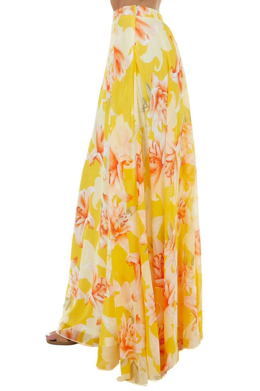 Amber Floral Print Flowy Woven Maxi Skirt with Side Zipper 