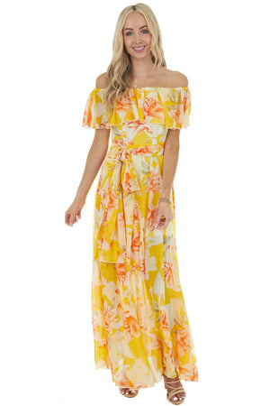 Amber Floral Print Off the Shoulder Woven Dress with Slit 