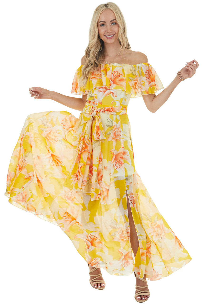 Amber Floral Print Off the Shoulder Woven Dress with Slit 