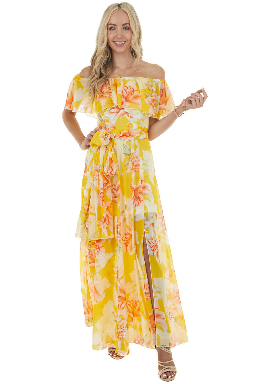 Amber Floral Print Off the Shoulder Woven Dress with Slit 
