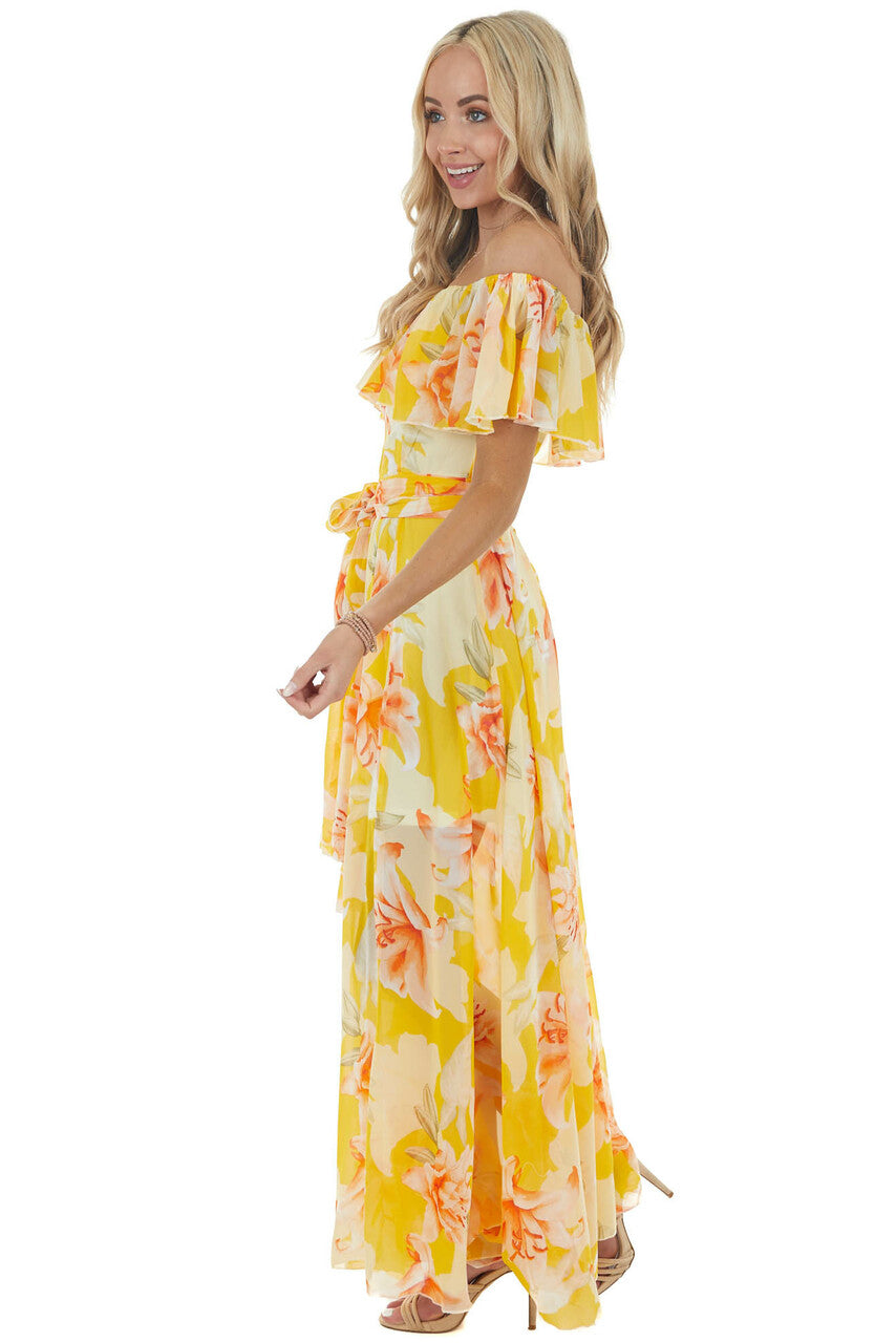 Amber Floral Print Off the Shoulder Woven Dress with Slit 