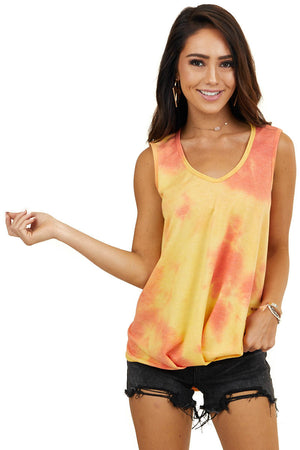 Amber Tie Dye Sleeveless Top with Front Gathered Detail 