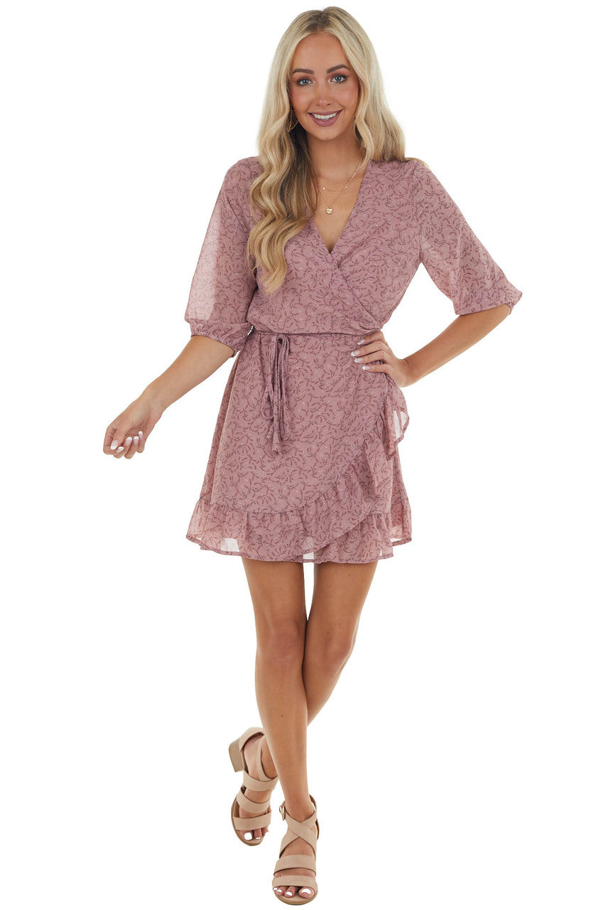 Antique Berry Ditsy Floral Surplice Wrap Dress 