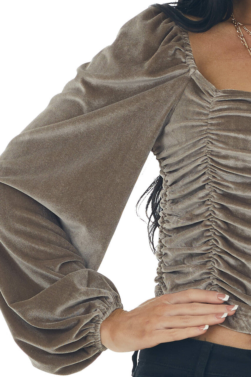 Antique Taupe Long Puff Sleeve Ruched Velvet Top