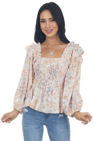 Apricot Floral Long Sleeve Smocked Blouse