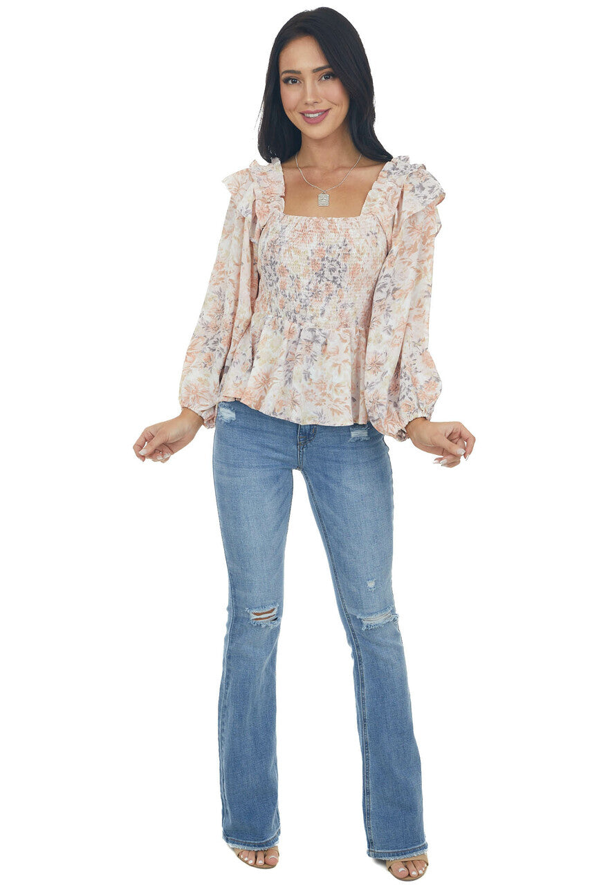 Apricot Floral Long Sleeve Smocked Blouse