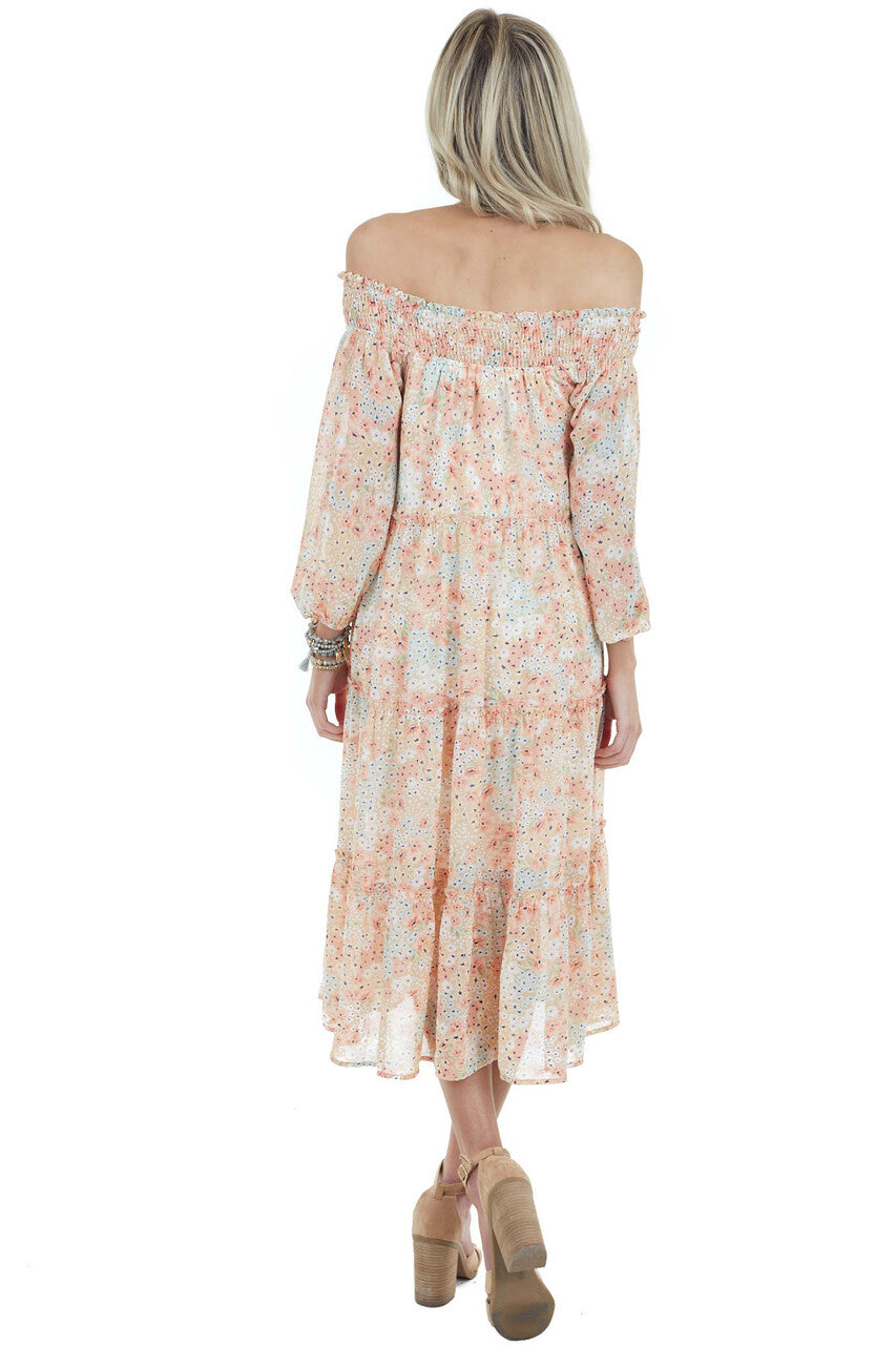 Apricot Floral Print Off Shoulder Smocked Tiered Midi Dress