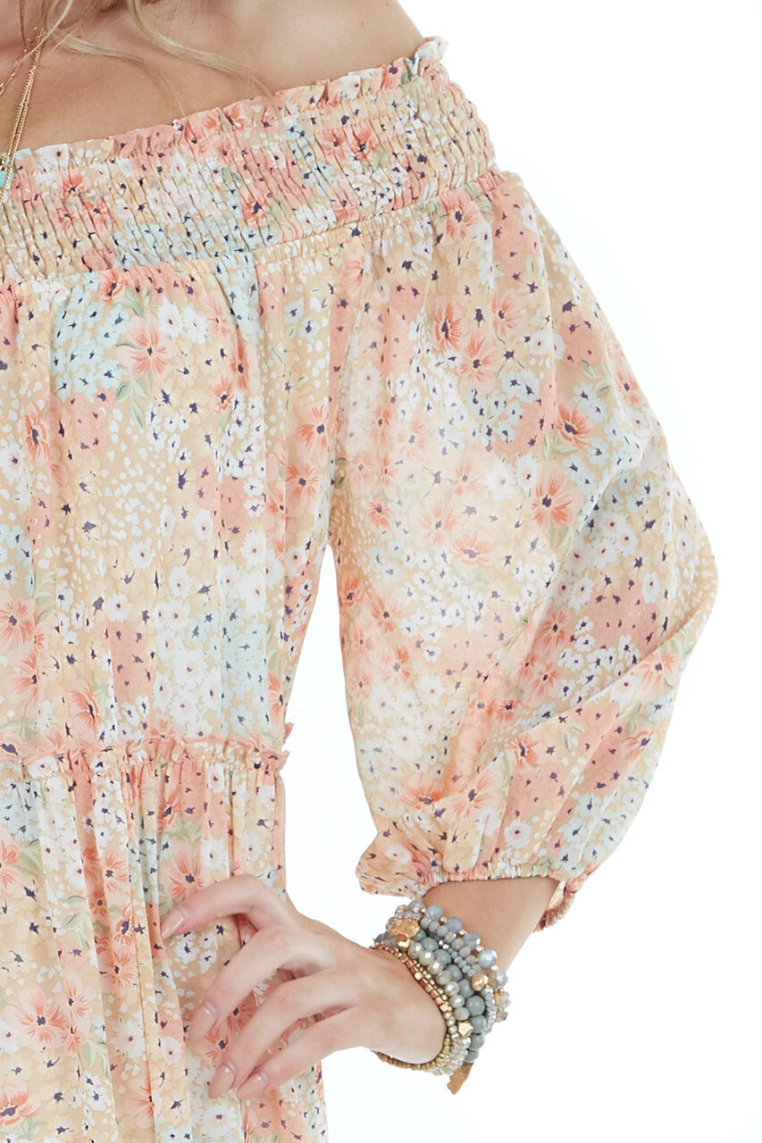 Apricot Floral Print Off Shoulder Smocked Tiered Midi Dress