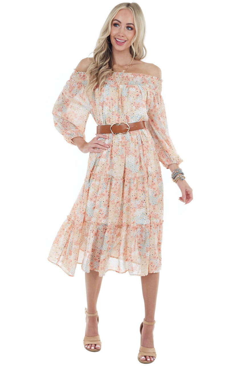Apricot Floral Print Off Shoulder Smocked Tiered Midi Dress