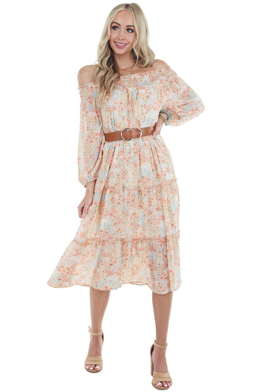 Apricot Floral Print Off Shoulder Smocked Tiered Midi Dress