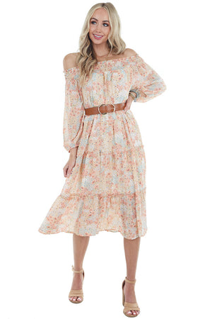 Apricot Floral Print Off Shoulder Smocked Tiered Midi Dress