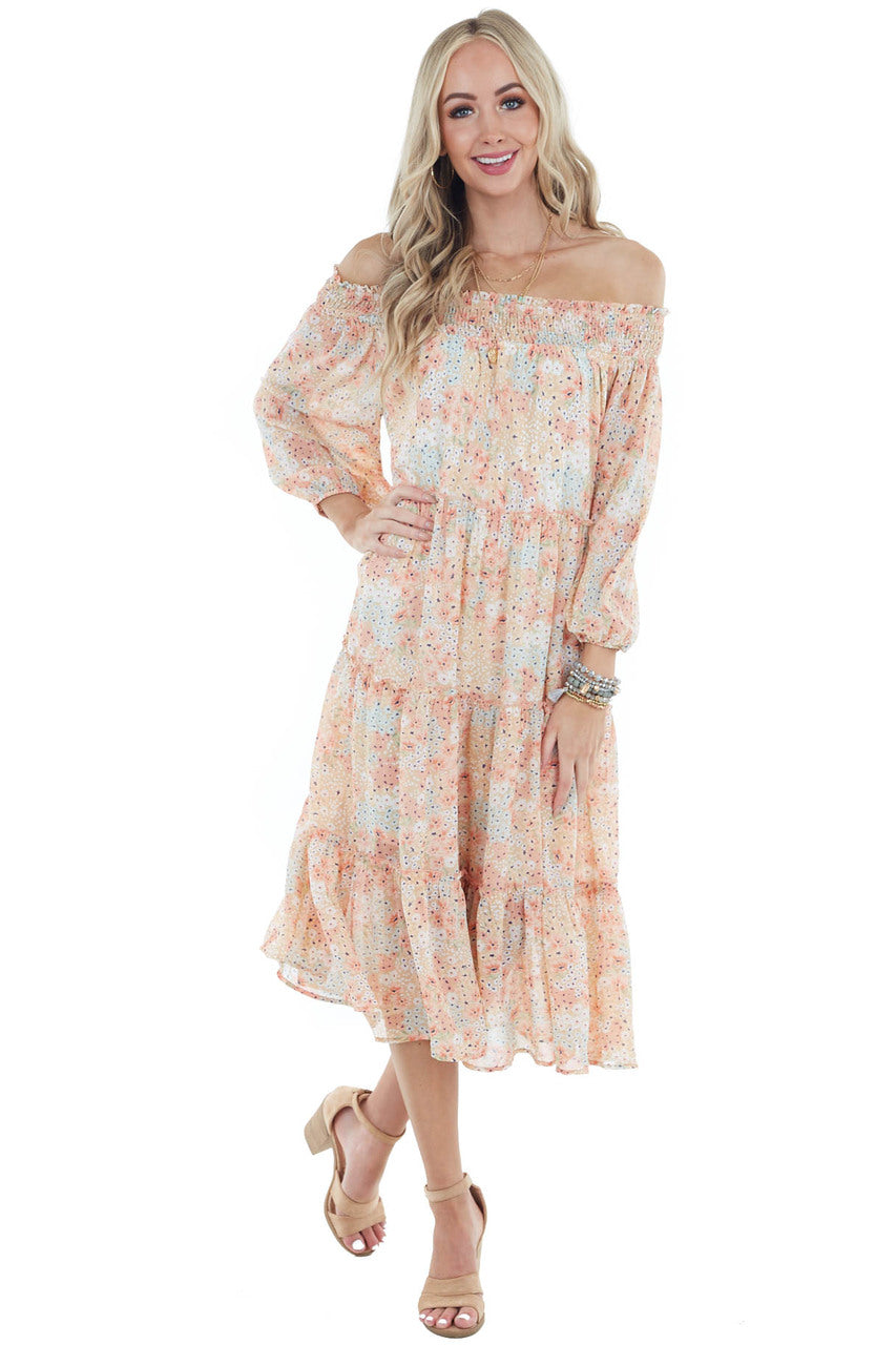 Apricot Floral Print Off Shoulder Smocked Tiered Midi Dress