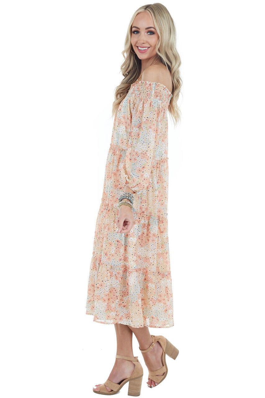Apricot Floral Print Off Shoulder Smocked Tiered Midi Dress