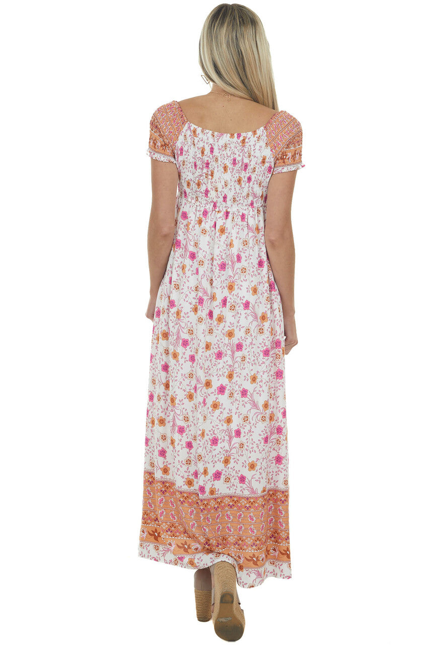 Apricot Floral Smocked Babydoll Maxi Dress