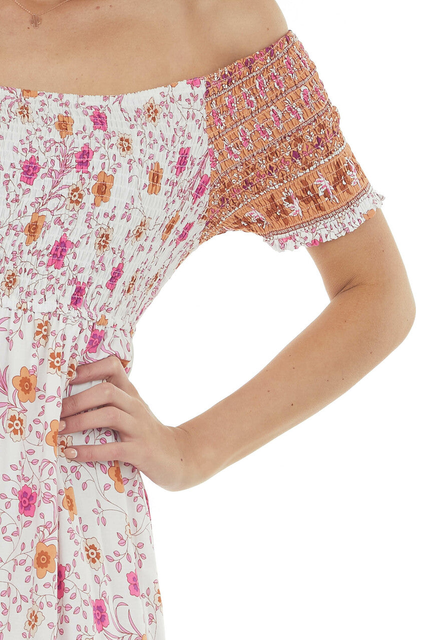 Apricot Floral Smocked Babydoll Maxi Dress