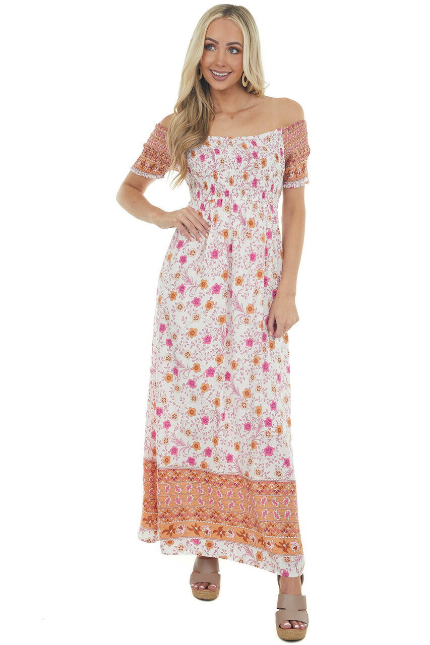 Apricot Floral Smocked Babydoll Maxi Dress