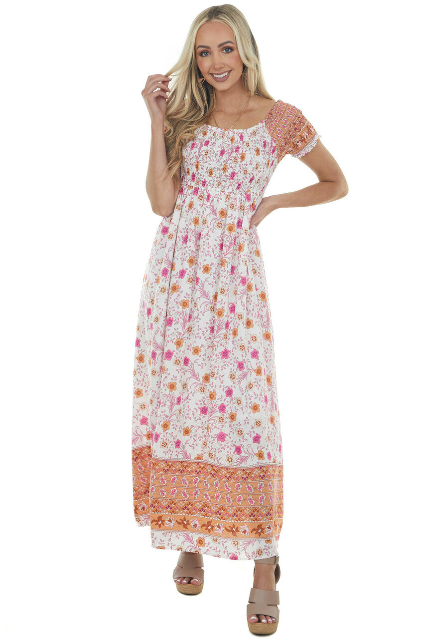 Apricot Floral Smocked Babydoll Maxi Dress