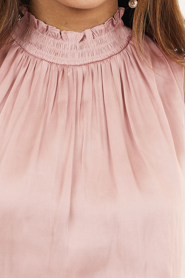 Apricot High Neck Silky Tank Top Smocked Details 