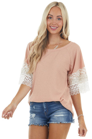 Apricot Leopard Print Short Sleeve Waffle Knit Top with Lace 