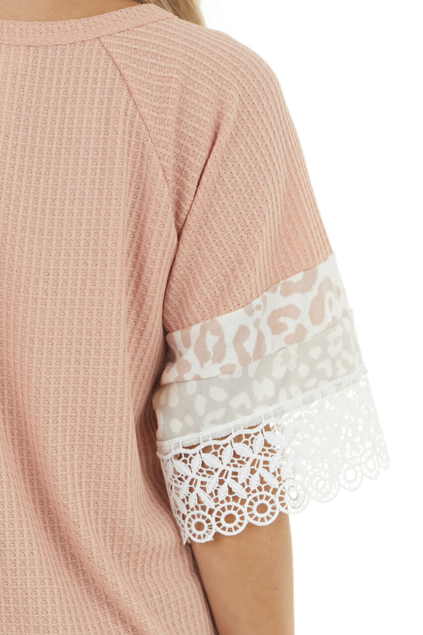 Apricot Leopard Print Short Sleeve Waffle Knit Top with Lace 