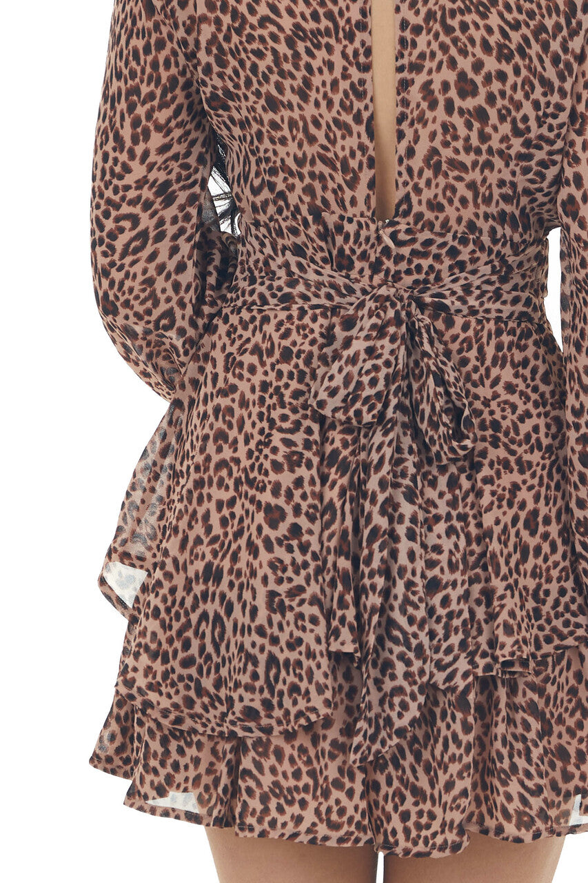 Apricot Leopard Print Tiered Woven Romper