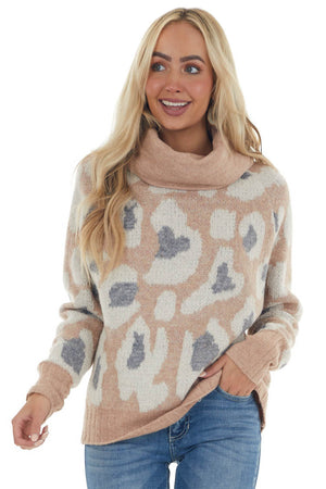 Apricot Leopard Print Turtleneck Sweater