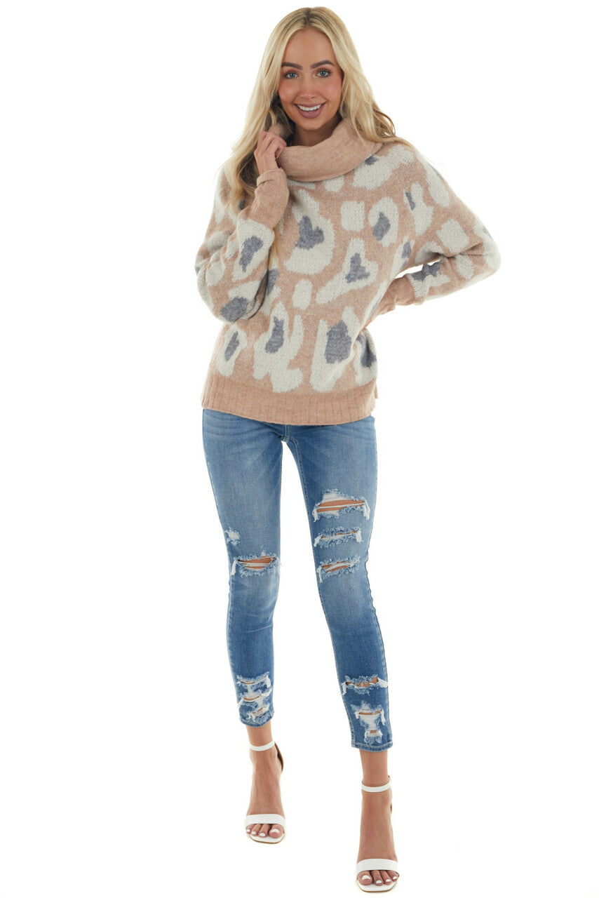 Apricot Leopard Print Turtleneck Sweater