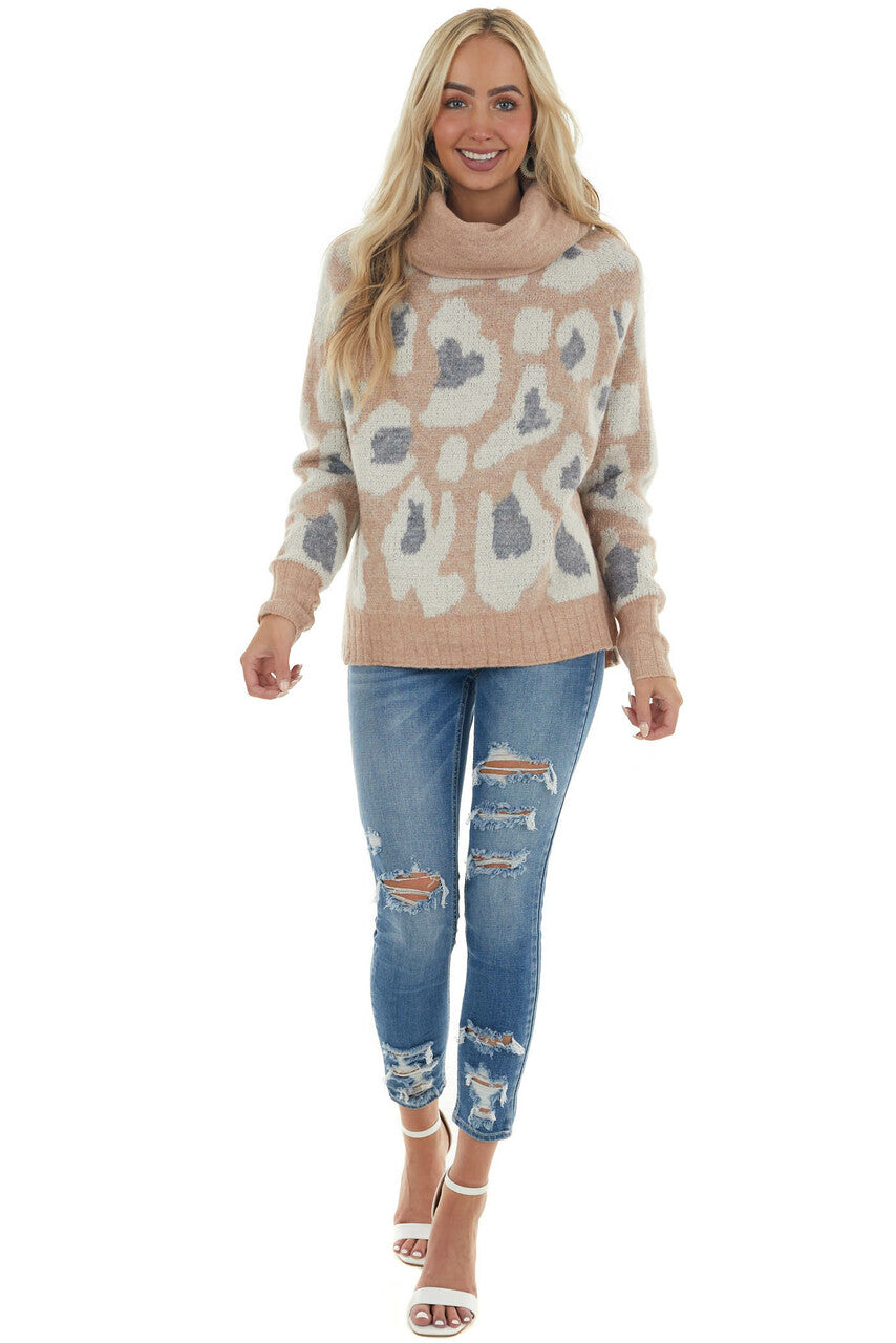 Apricot Leopard Print Turtleneck Sweater