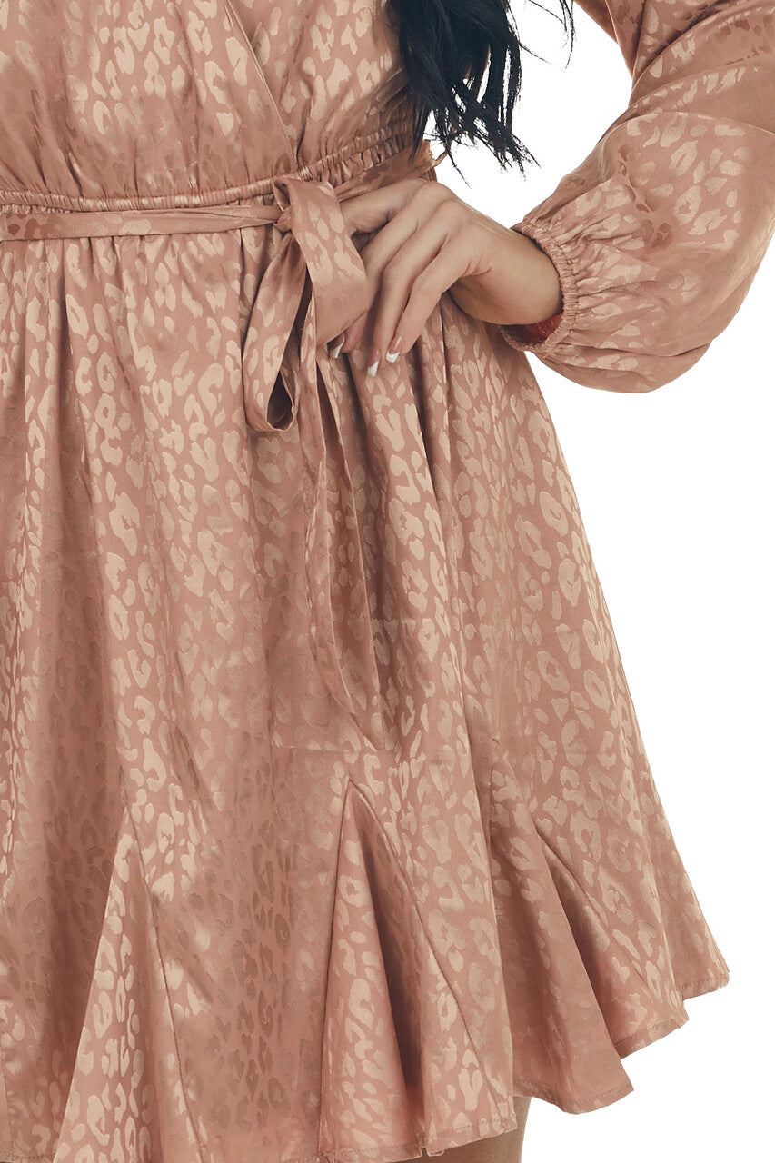 Apricot Leopard Surplice Flounce Hem Dress