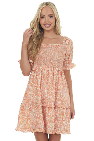 Apricot Printed Square Neck Tiered Short dress