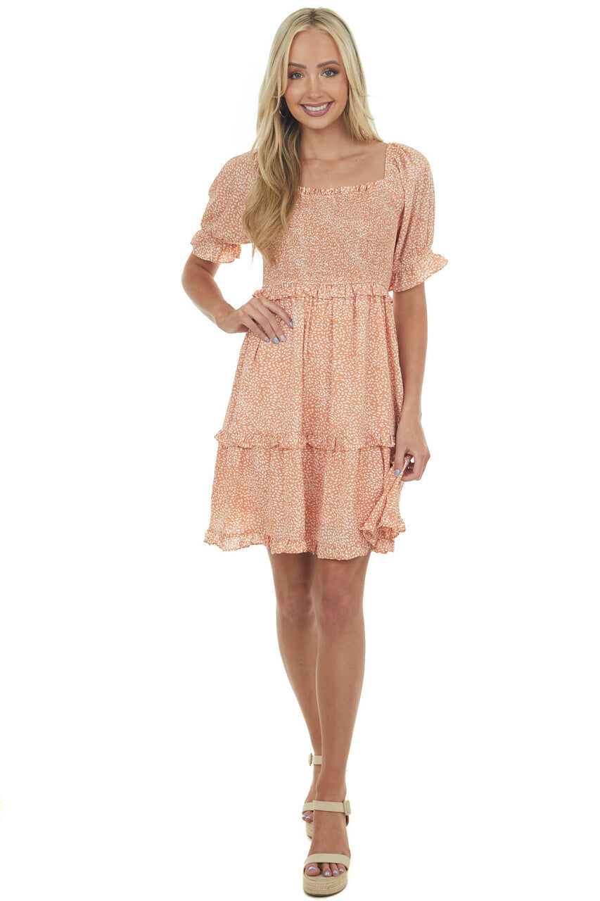 Apricot Printed Square Neck Tiered Short dress