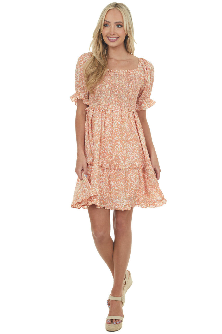Apricot Printed Square Neck Tiered Short dress