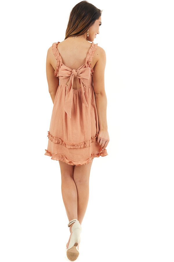 Apricot Sleeveless Woven Mini Dress with Open Tie Back back full body