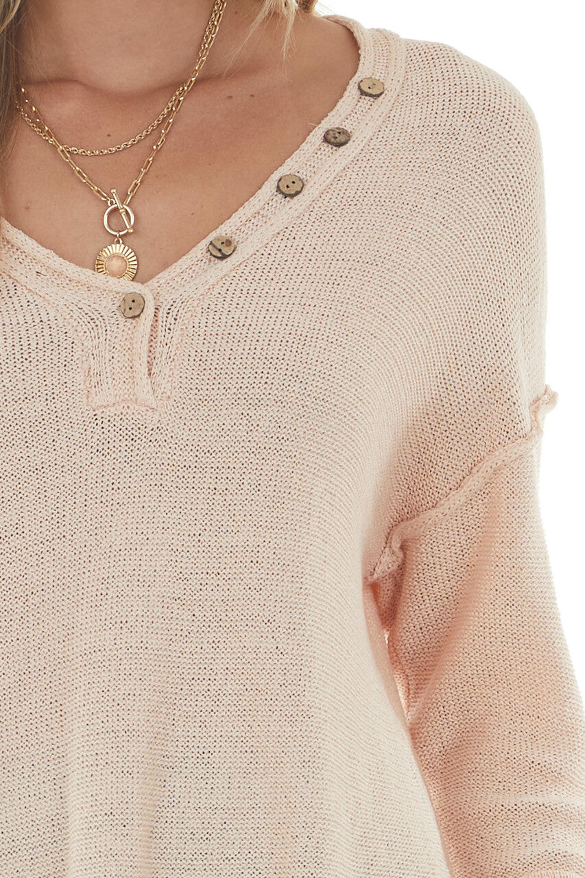 Apricot V Neck Knit Sweater with Wood Button Details